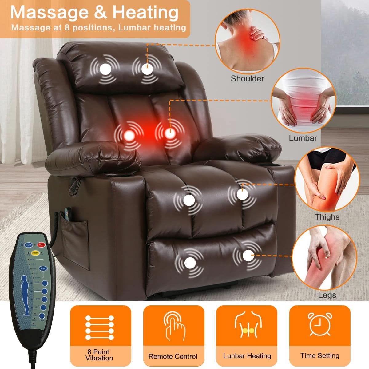 Brown Power Recliner With Massage And Heat Therapy