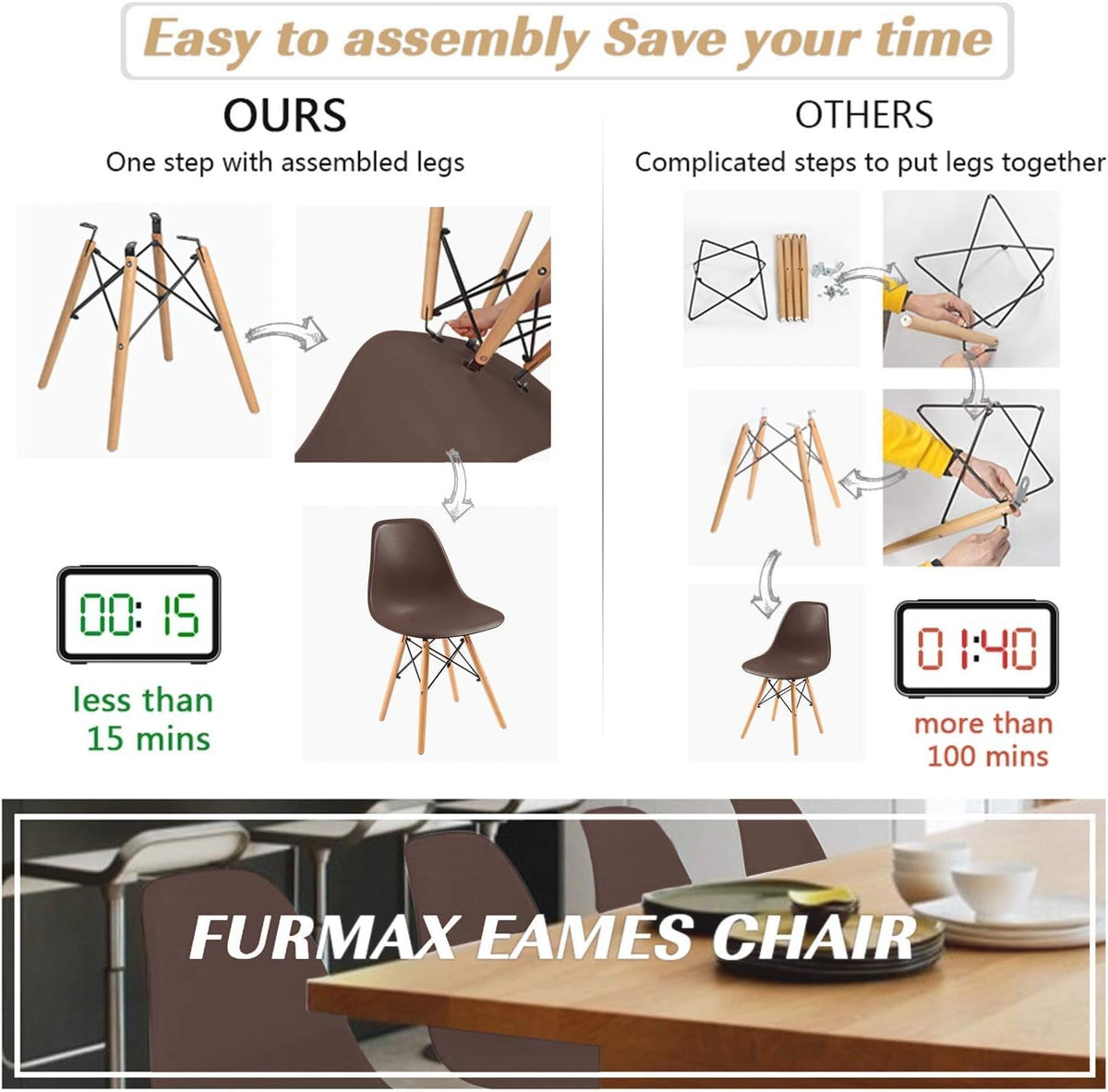 Brown Preassembled Modern Dining Chair Plastic Shell Set Of 4