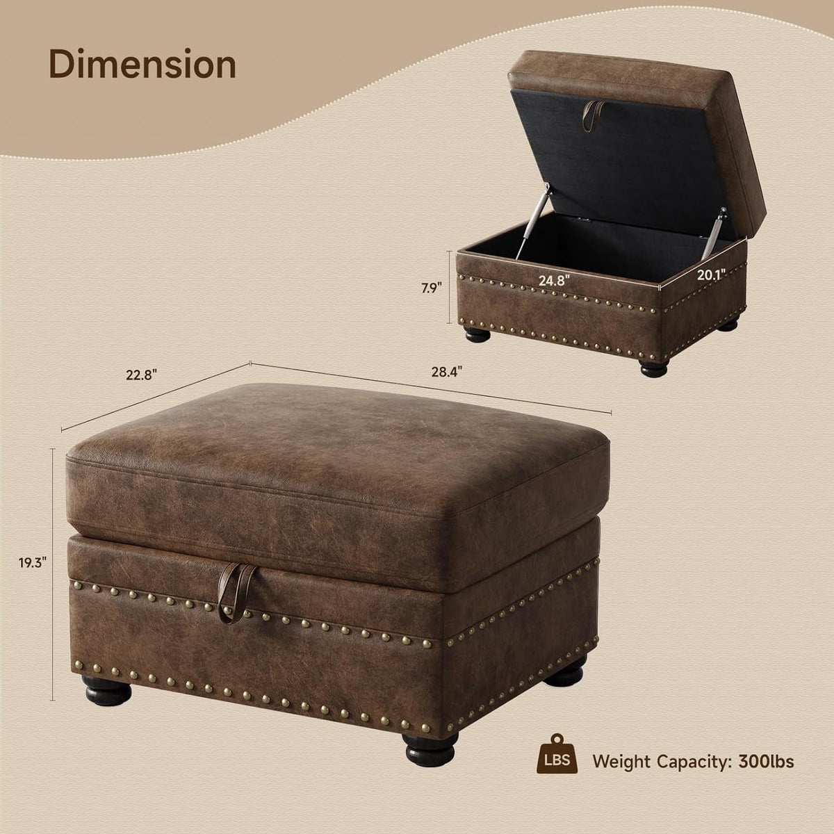 Brown Premium Faux Leather Storage Ottoman Nailhead