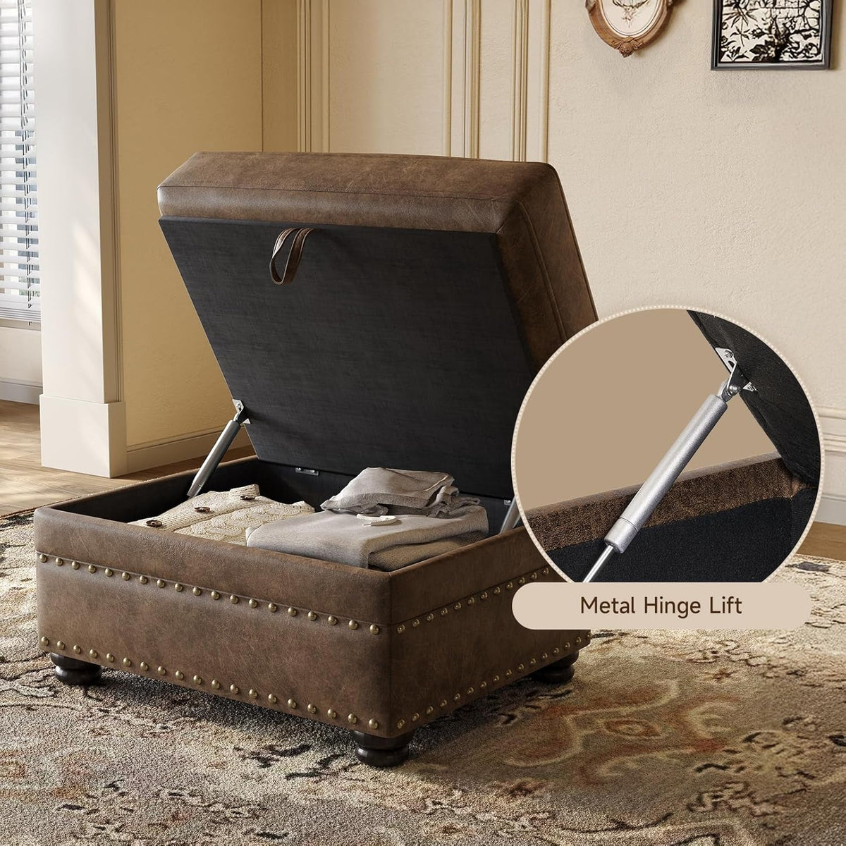 Brown Premium Faux Leather Storage Ottoman Nailhead
