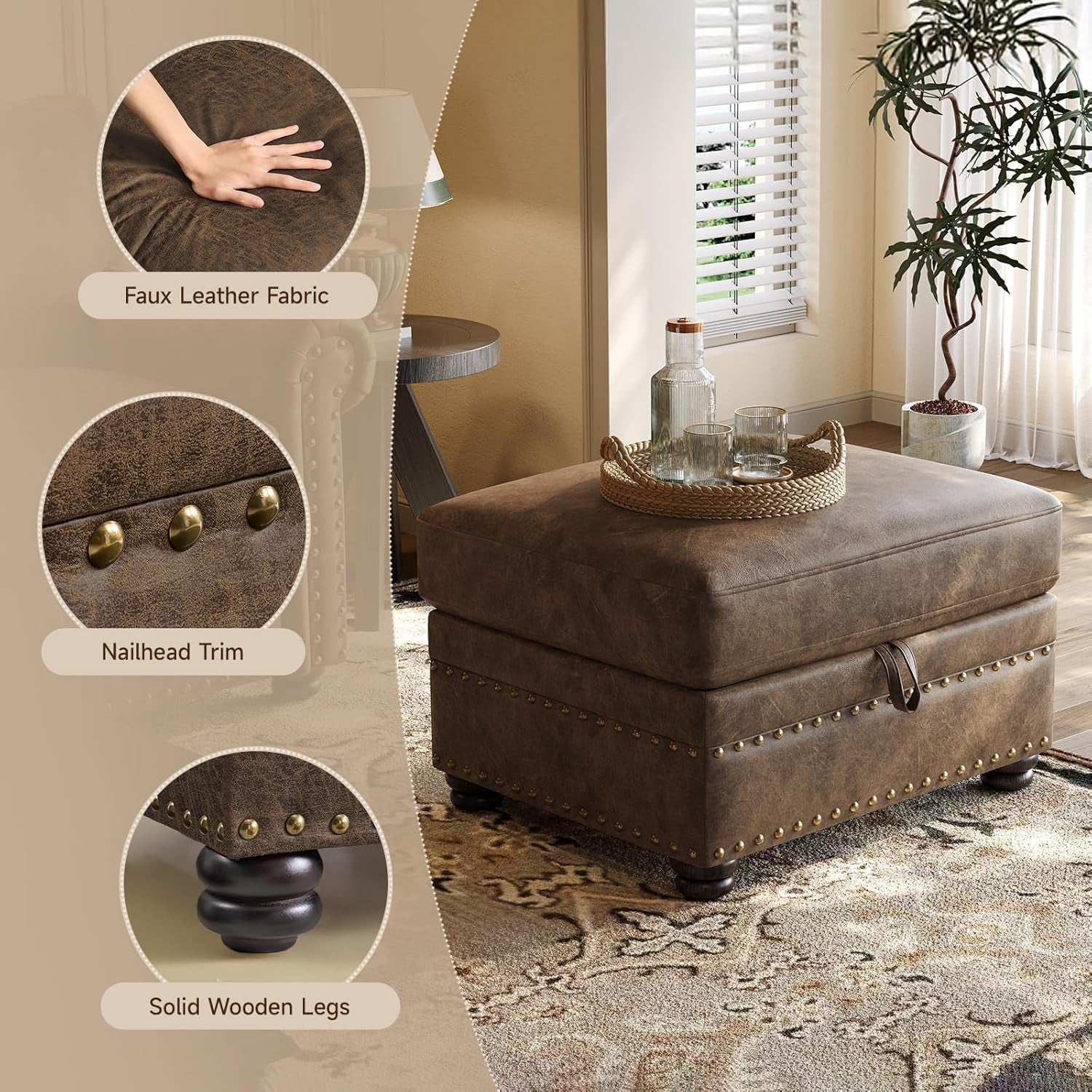 Brown Premium Faux Leather Storage Ottoman Nailhead