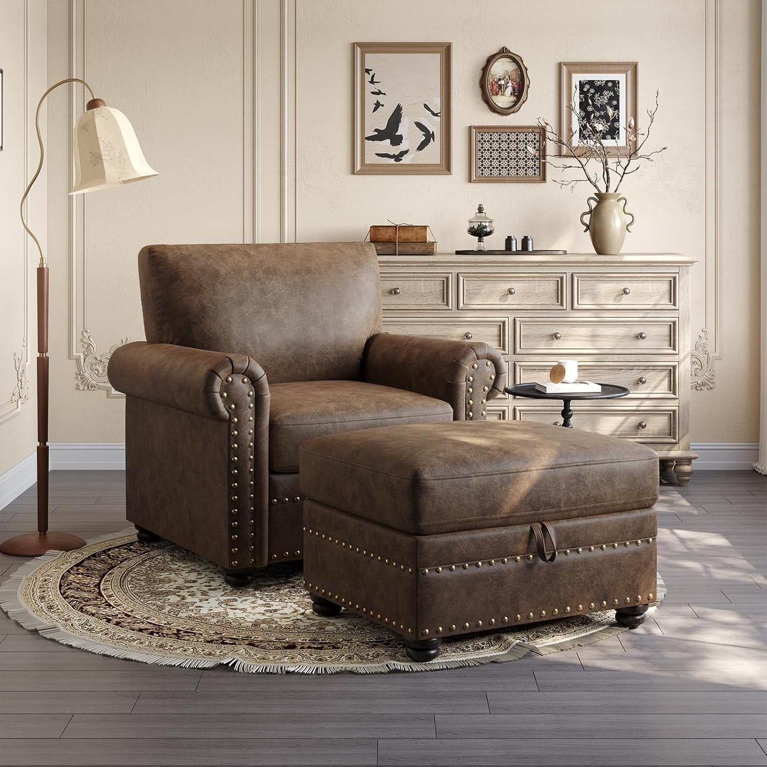 Brown Premium Faux Leather Storage Ottoman Nailhead