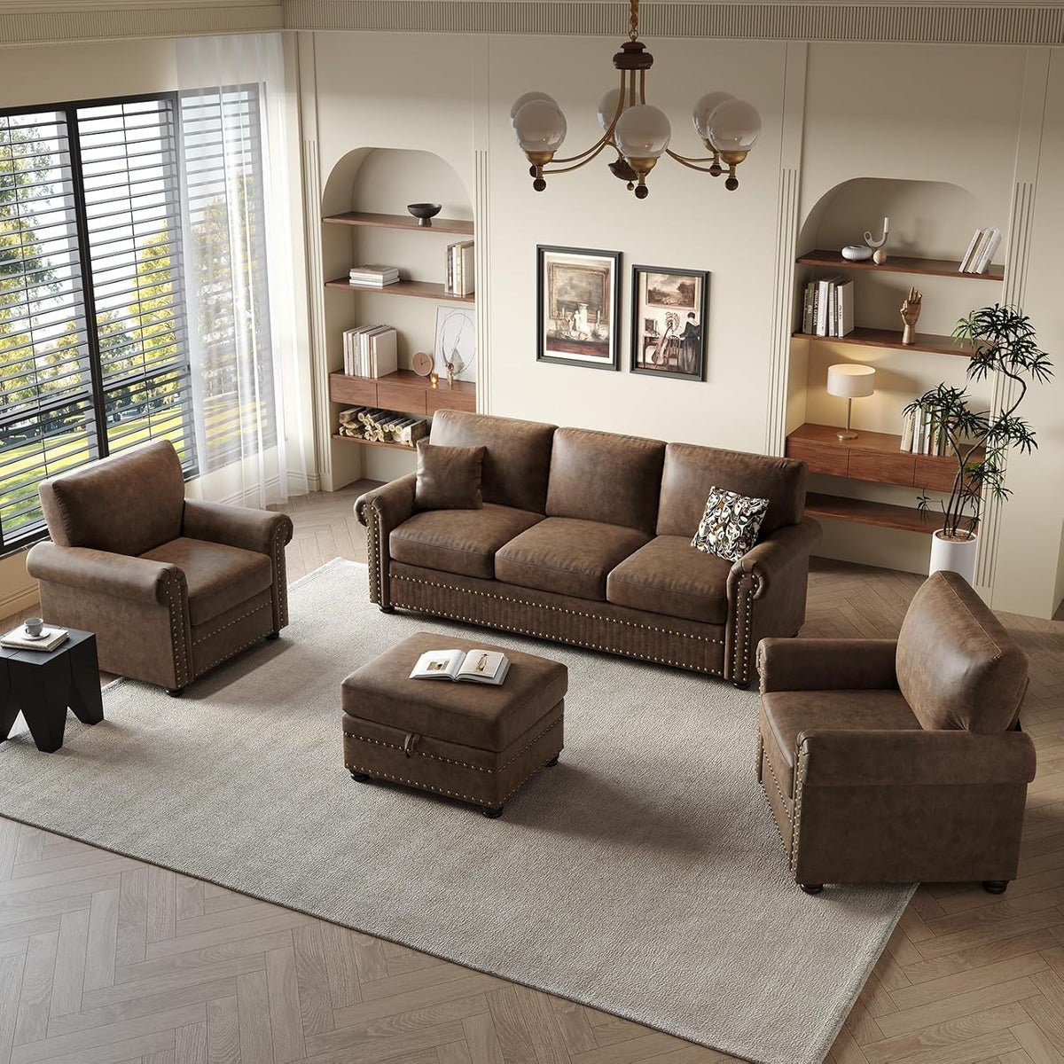 Brown Premium Faux Leather Storage Ottoman Nailhead