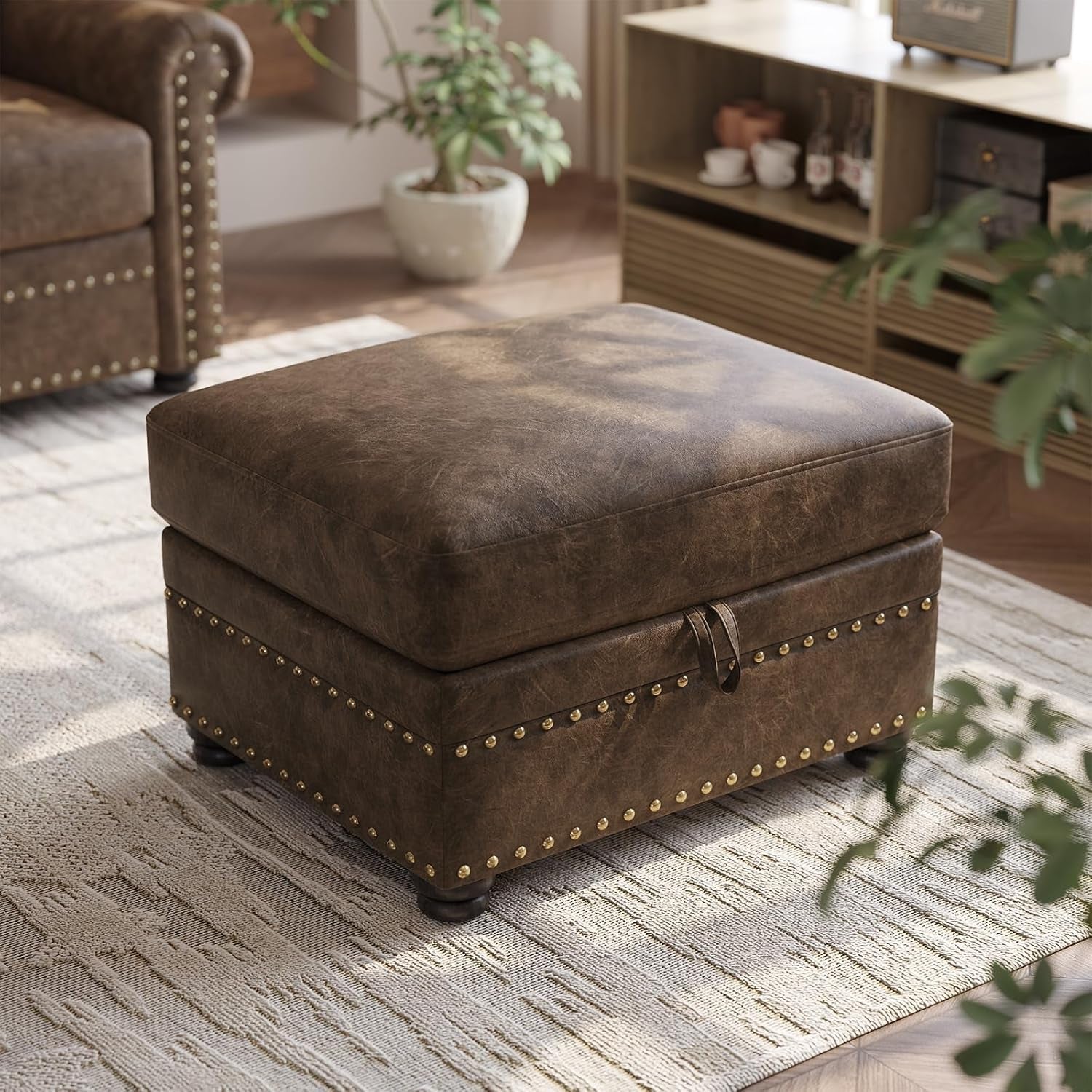 Brown Premium Faux Leather Storage Ottoman Nailhead