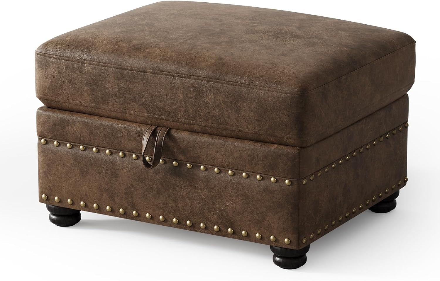 Brown Premium Faux Leather Storage Ottoman Nailhead