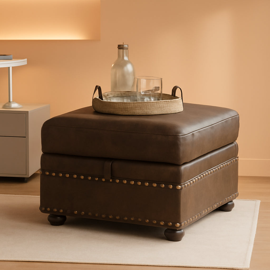 Brown Premium Faux Leather Storage Ottoman Nailhead