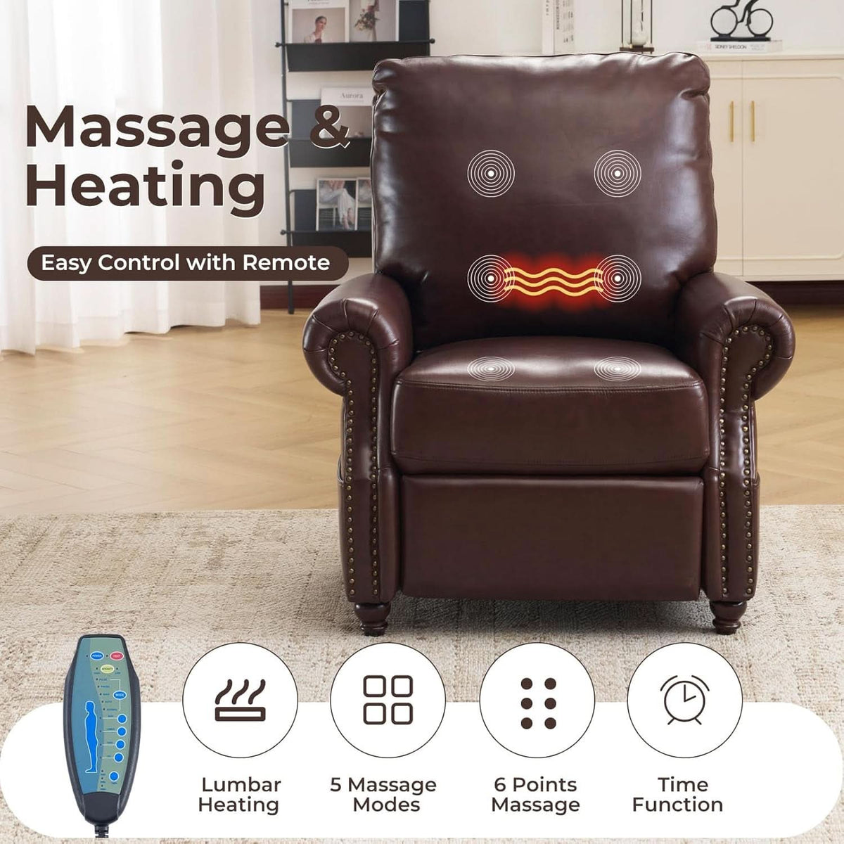 Brown Push Back Recliner Chair With Massage And Heat