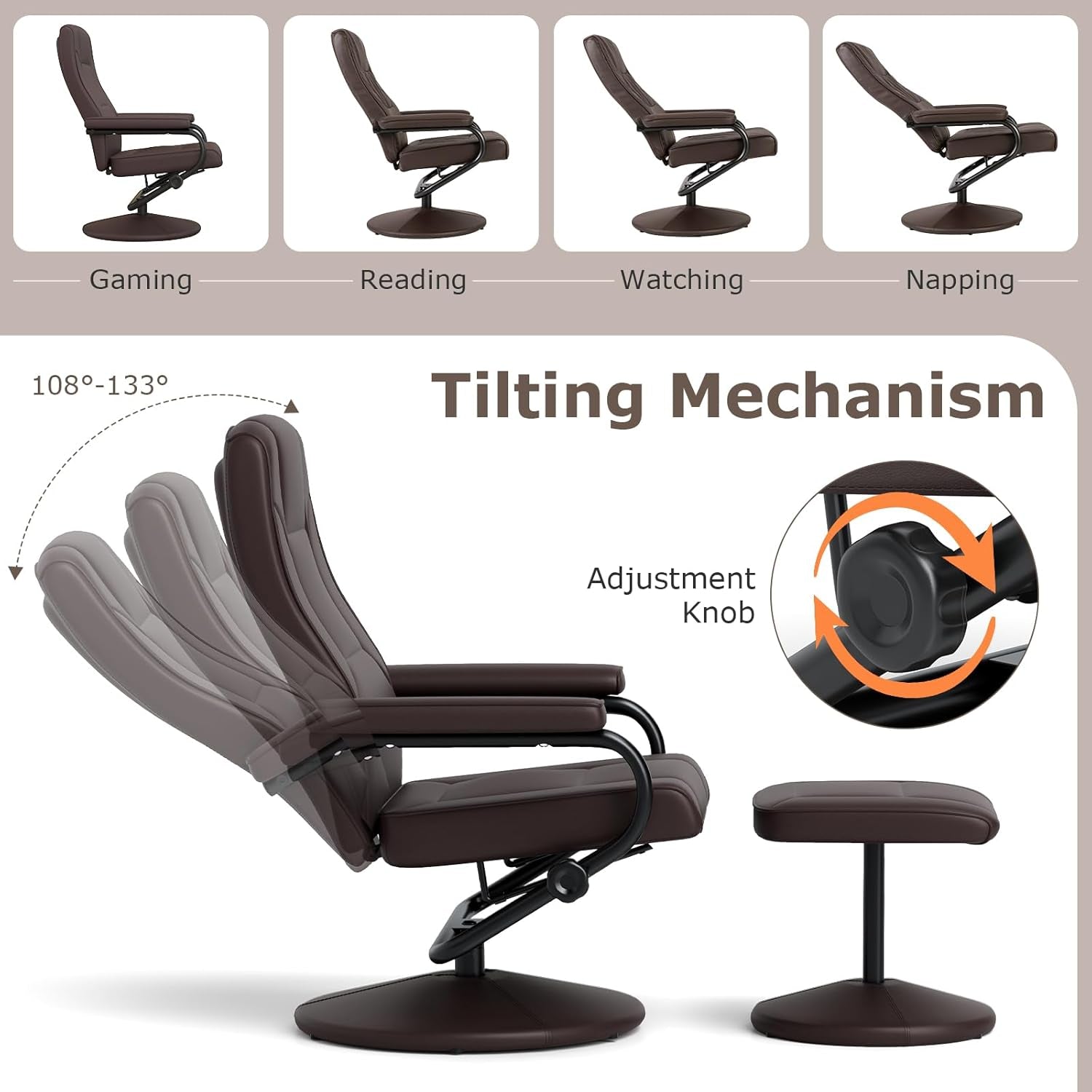 Brown Recliner Chair With 360 Degree Swivel For Living Room