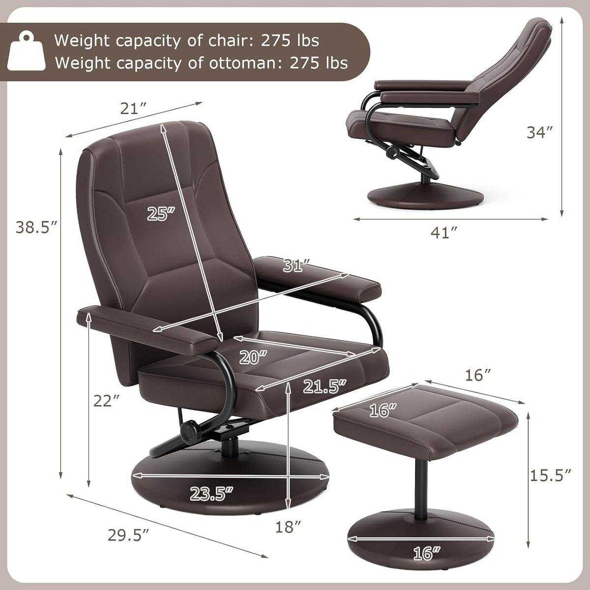 Brown Recliner Chair With 360 Degree Swivel For Living Room