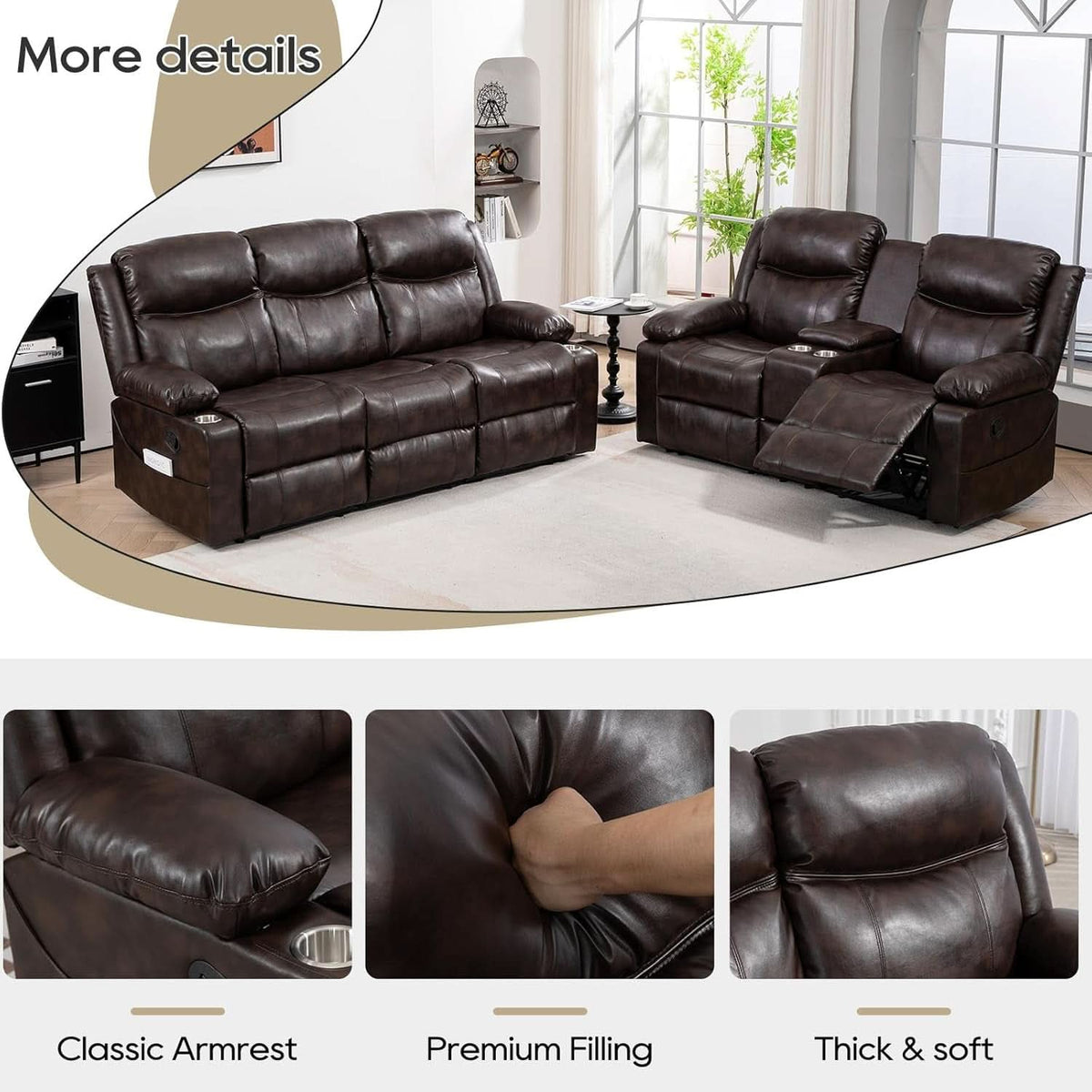 Brown Recliner Sofa Set With Massage And Heat 2 Piece