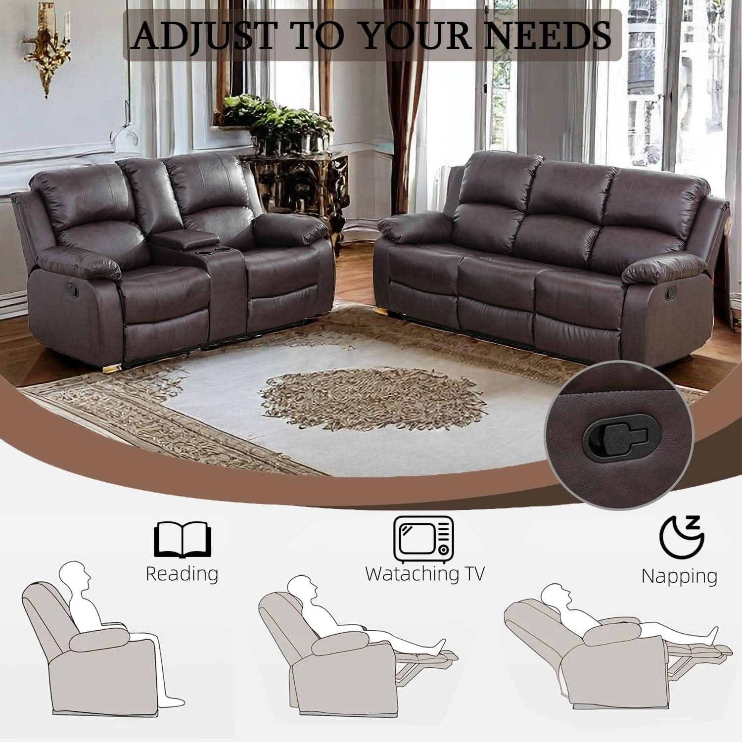 Brown Recliner Sofa With Pull Down Table Two Piece Set