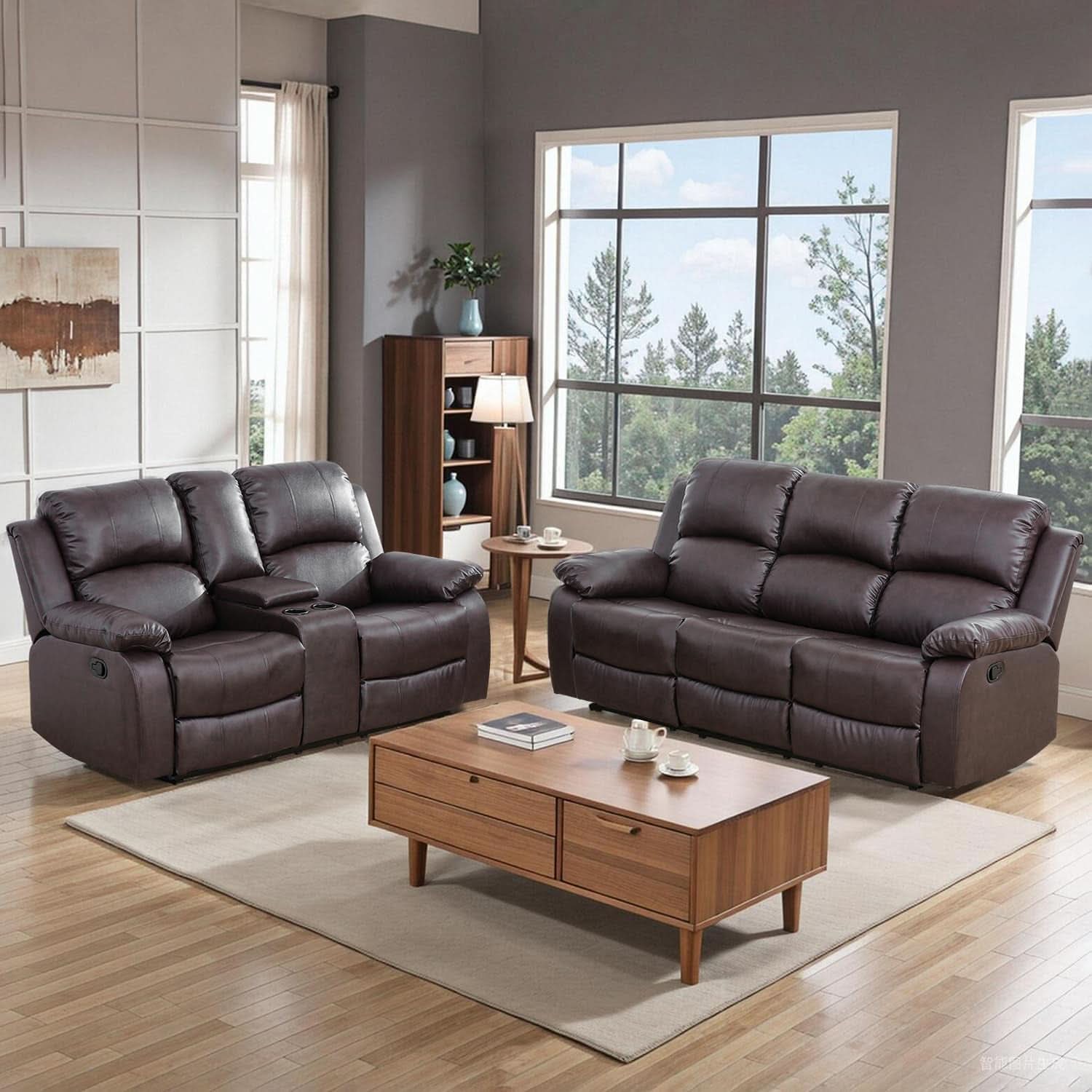 Brown Recliner Sofa With Pull Down Table Two Piece Set
