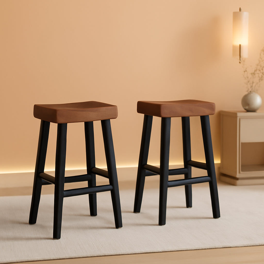 Brown Saddle Bar Stools Set Of 2 Pub Height Solid Wood