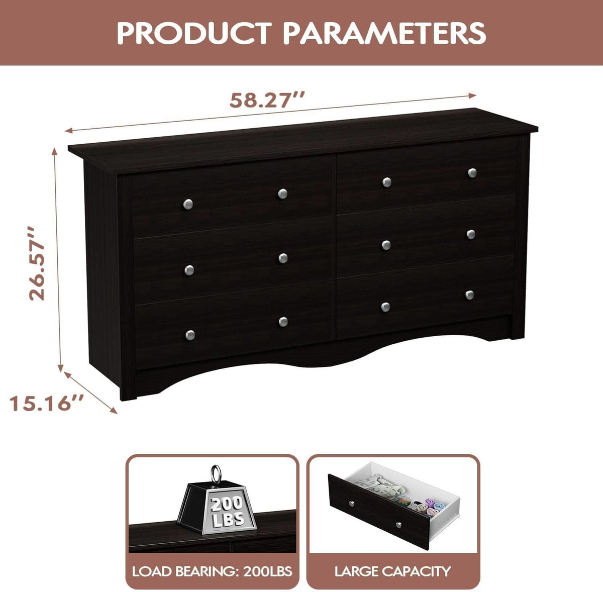 Brown Six Drawer Dresser And TV Stand Wide Wood Chest