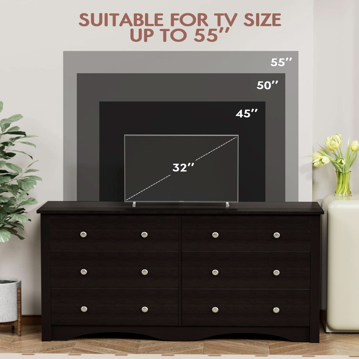 Brown Six Drawer Dresser And TV Stand Wide Wood Chest