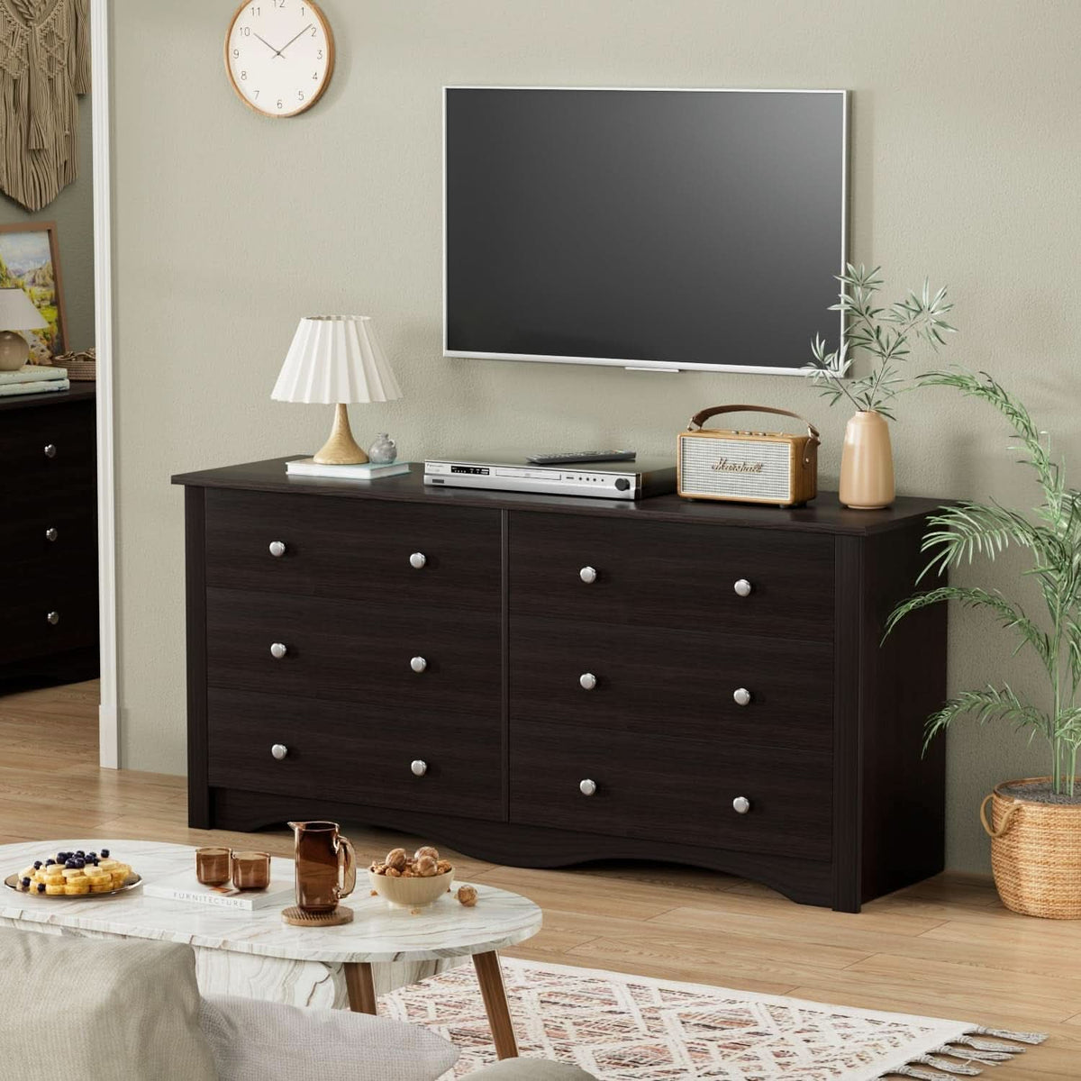 Brown Six Drawer Dresser And TV Stand Wide Wood Chest