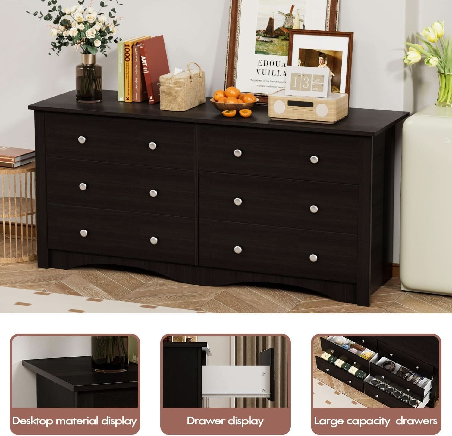 Brown Six Drawer Dresser And TV Stand Wide Wood Chest
