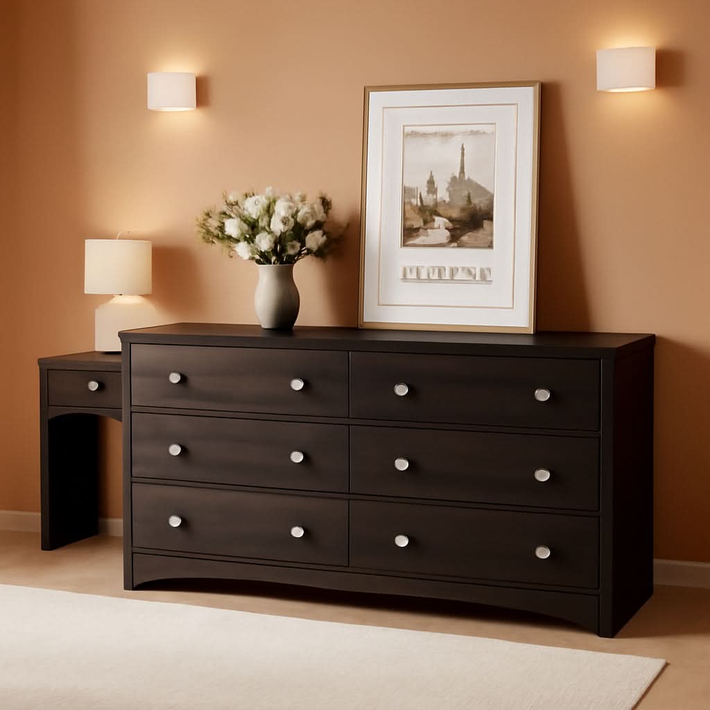Brown Six Drawer Dresser And TV Stand Wide Wood Chest