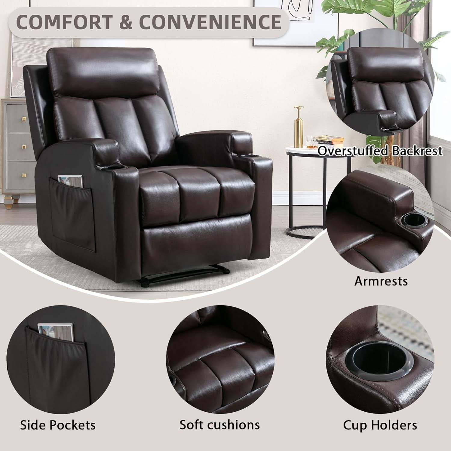 Brown UltraSoft Fabric Manual Recliner With Plush Arms