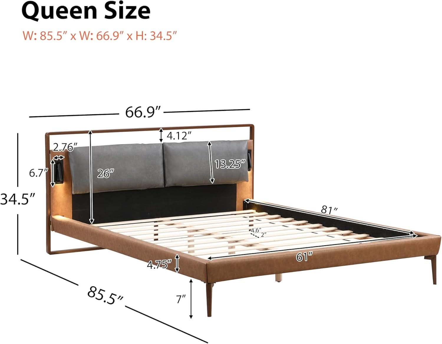 Brown Upholstered Bed Frame With Integrated Night Lights