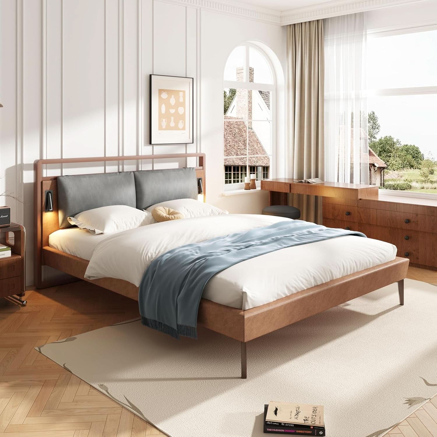 Brown Upholstered Bed Frame With Integrated Night Lights