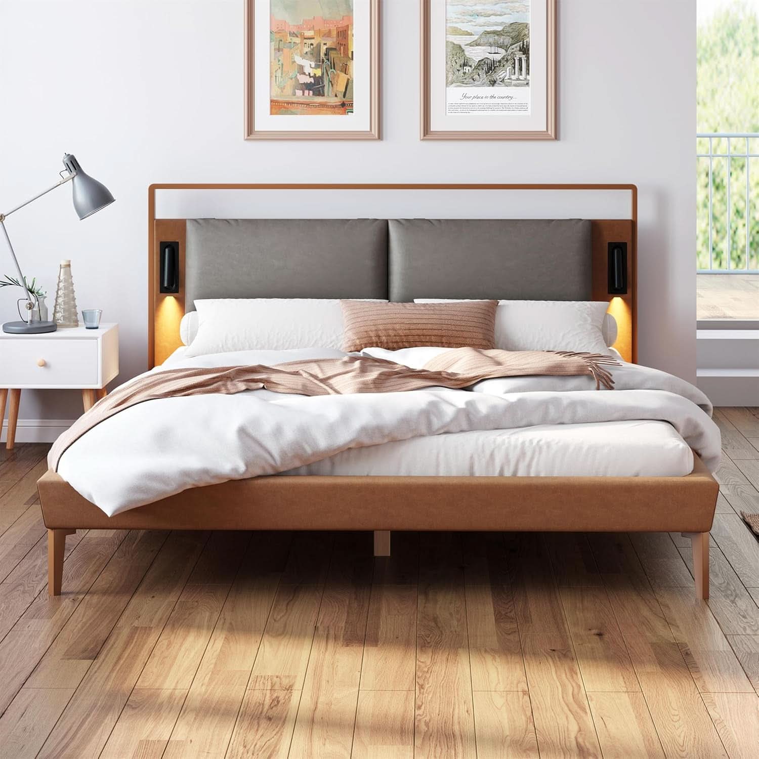 Brown Upholstered Bed Frame With Integrated Night Lights