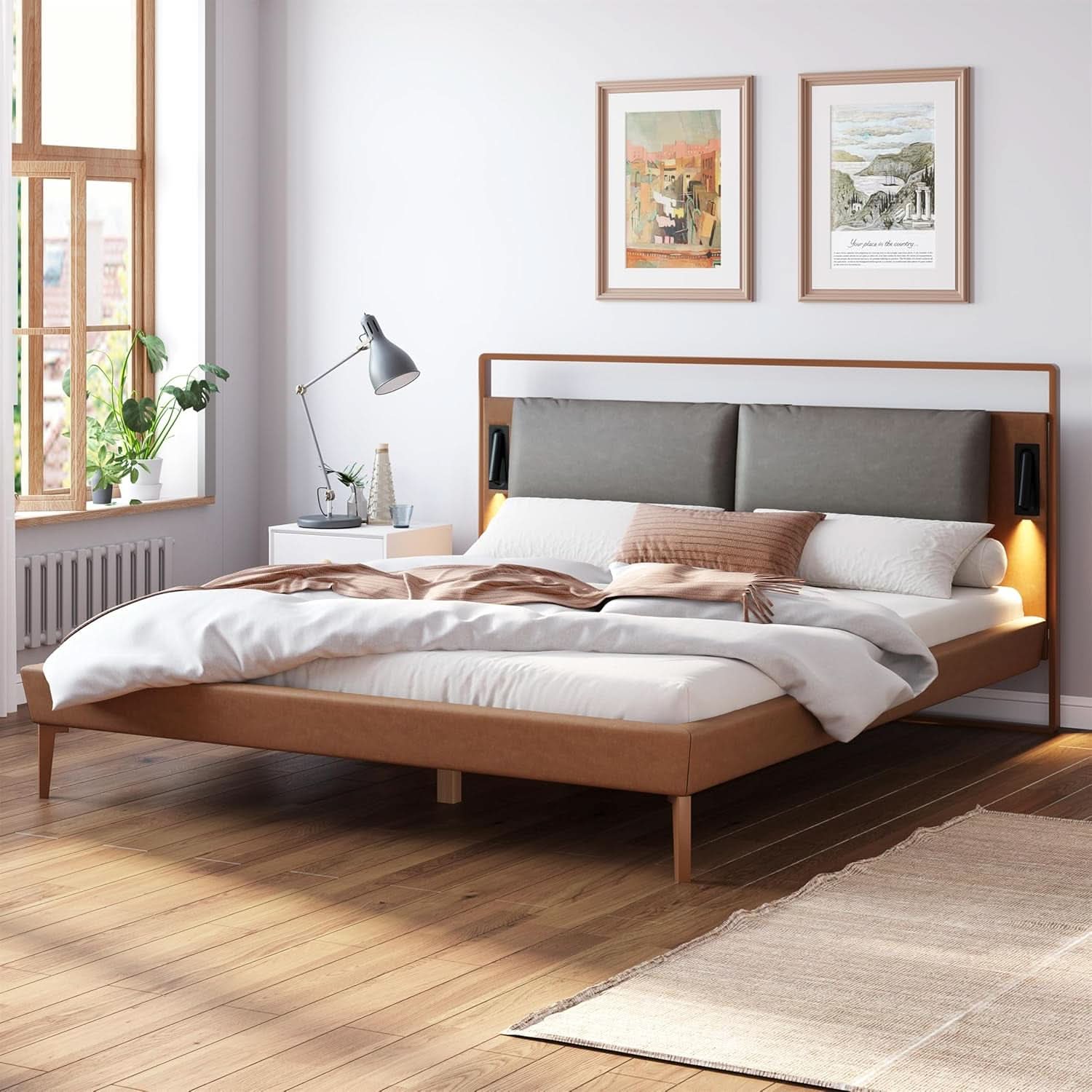 Brown Upholstered Bed Frame With Integrated Night Lights
