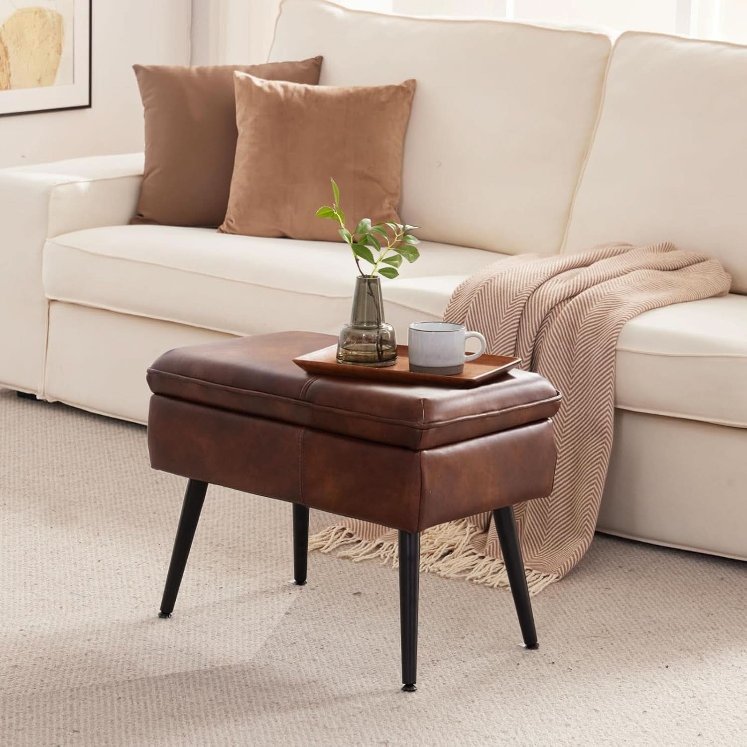Brown Upholstered Storage Ottoman With Cushioned Top