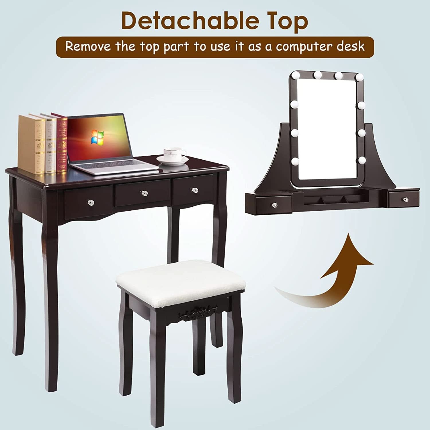 Brown Vanity Table Set With 10 LED Lights For Bedroom