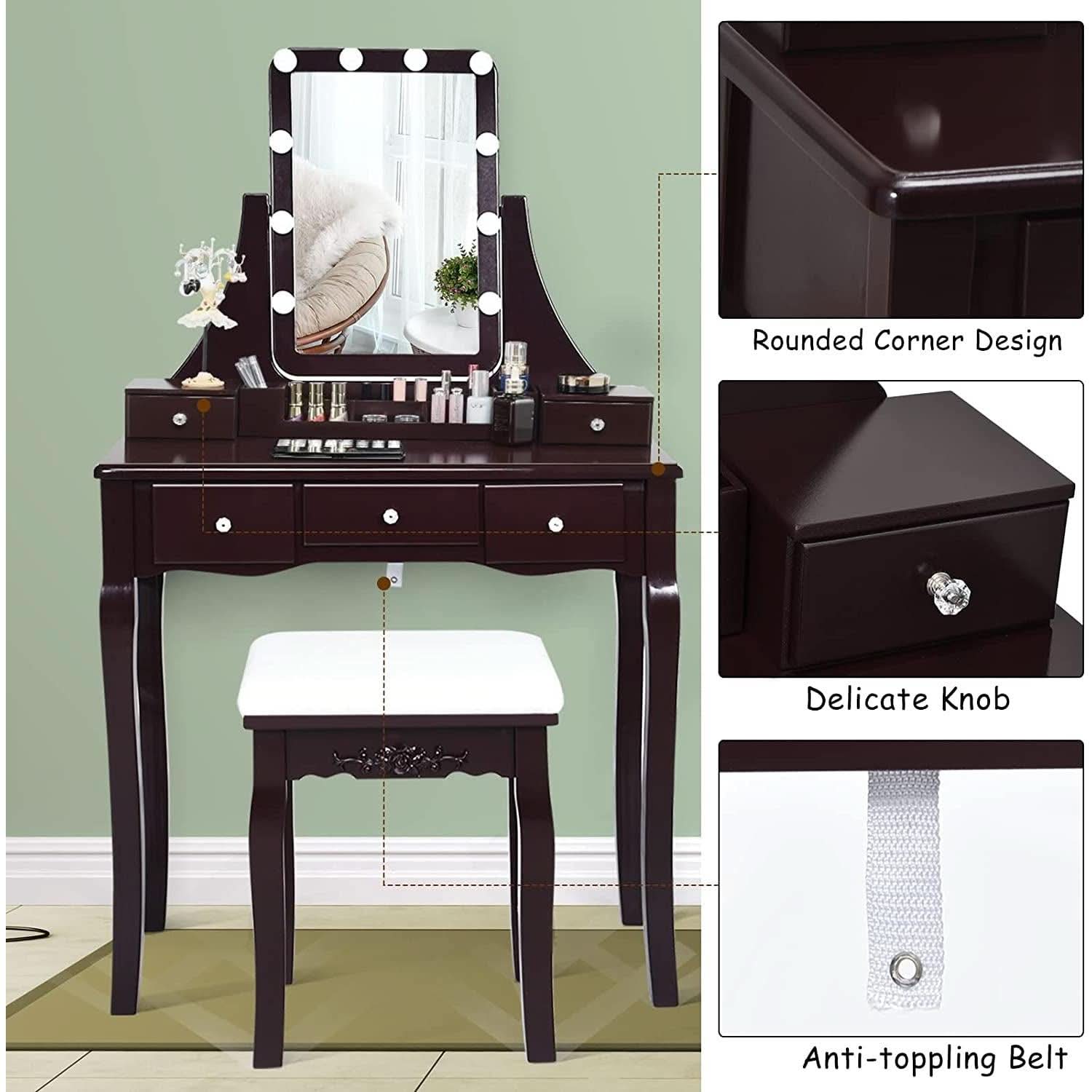 Brown Vanity Table Set With 10 LED Lights For Bedroom