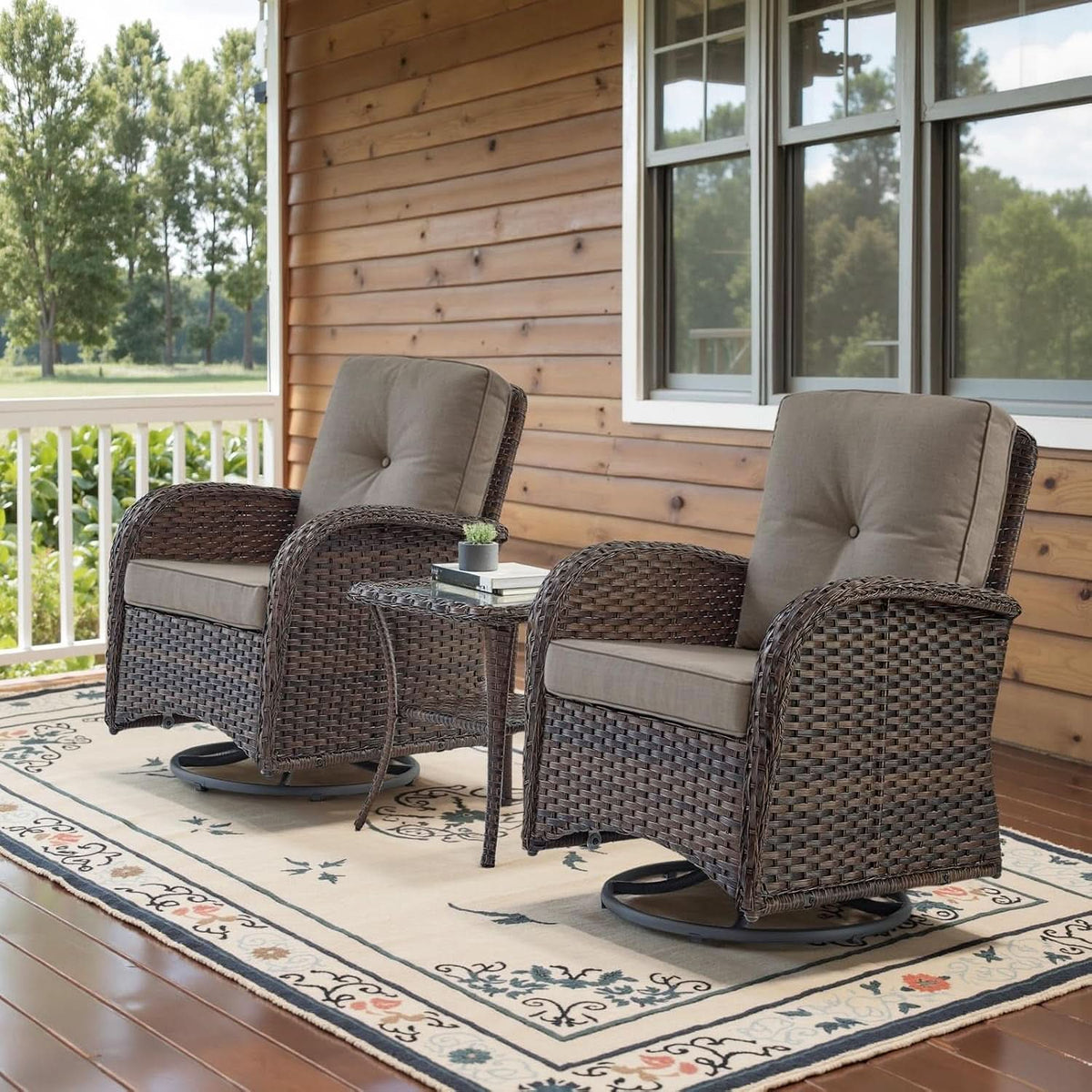 Brown Wicker Swivel Patio Set 2 Chairs Glass Table