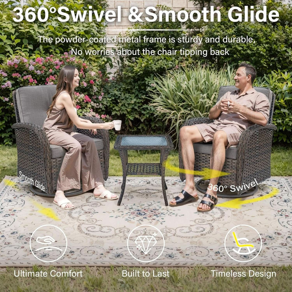 Brown Wicker Swivel Patio Set 2 Chairs Glass Table