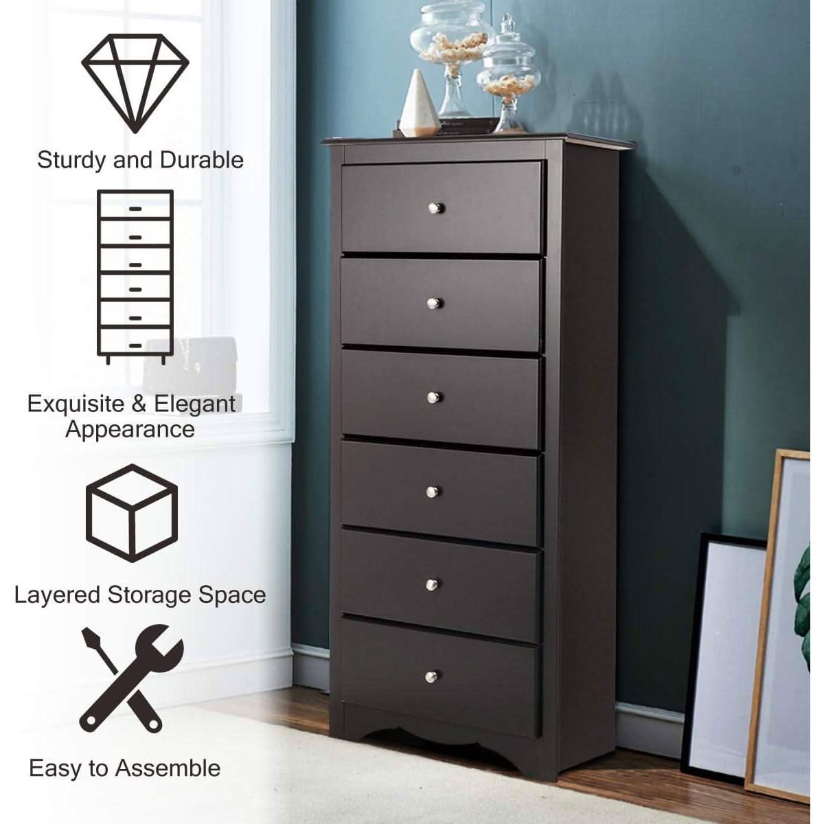 Brown Wood 6 Drawer Dresser For Bedroom Storage Unit