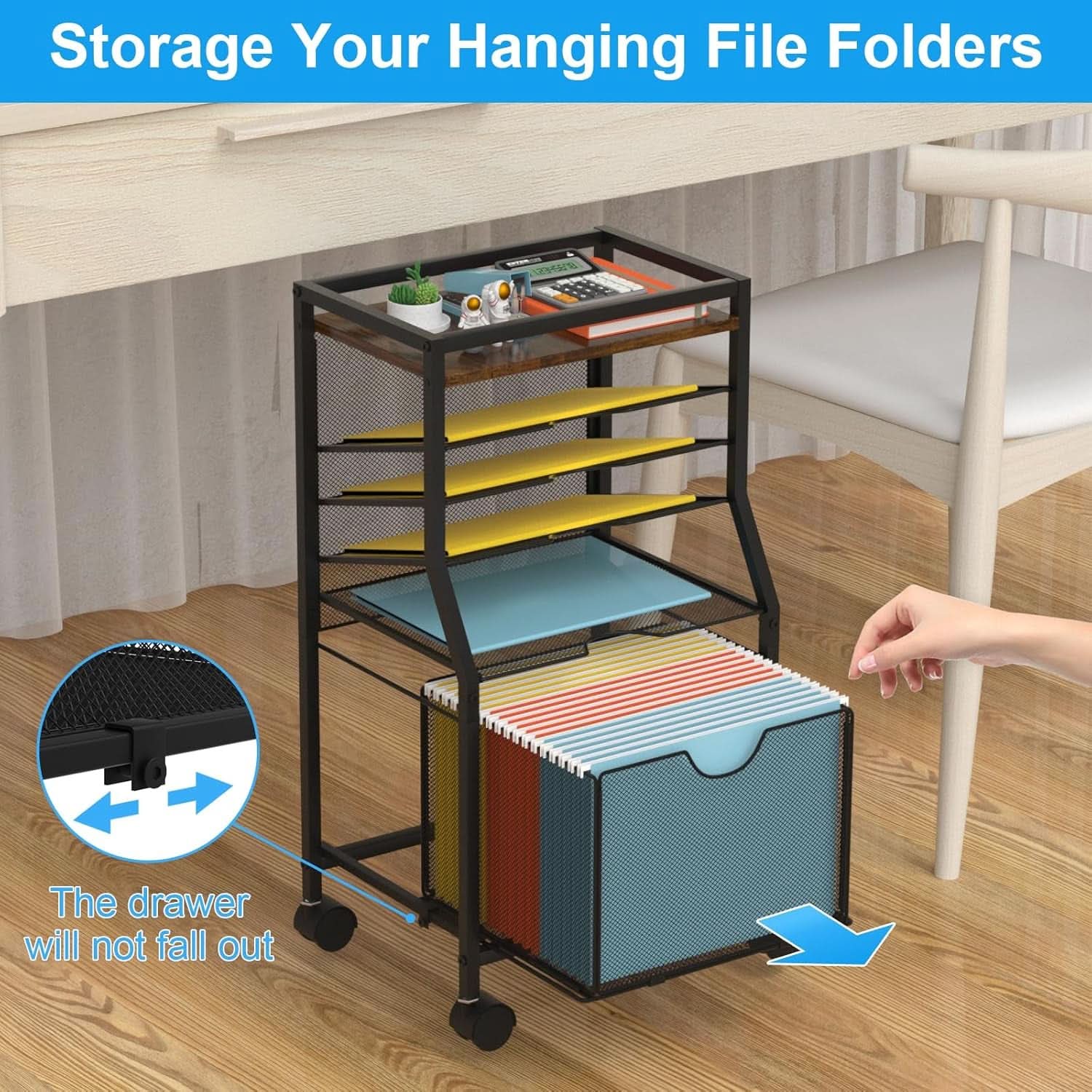 Brown Wood 6 Tier Rolling File Cart With Lockable Wheels