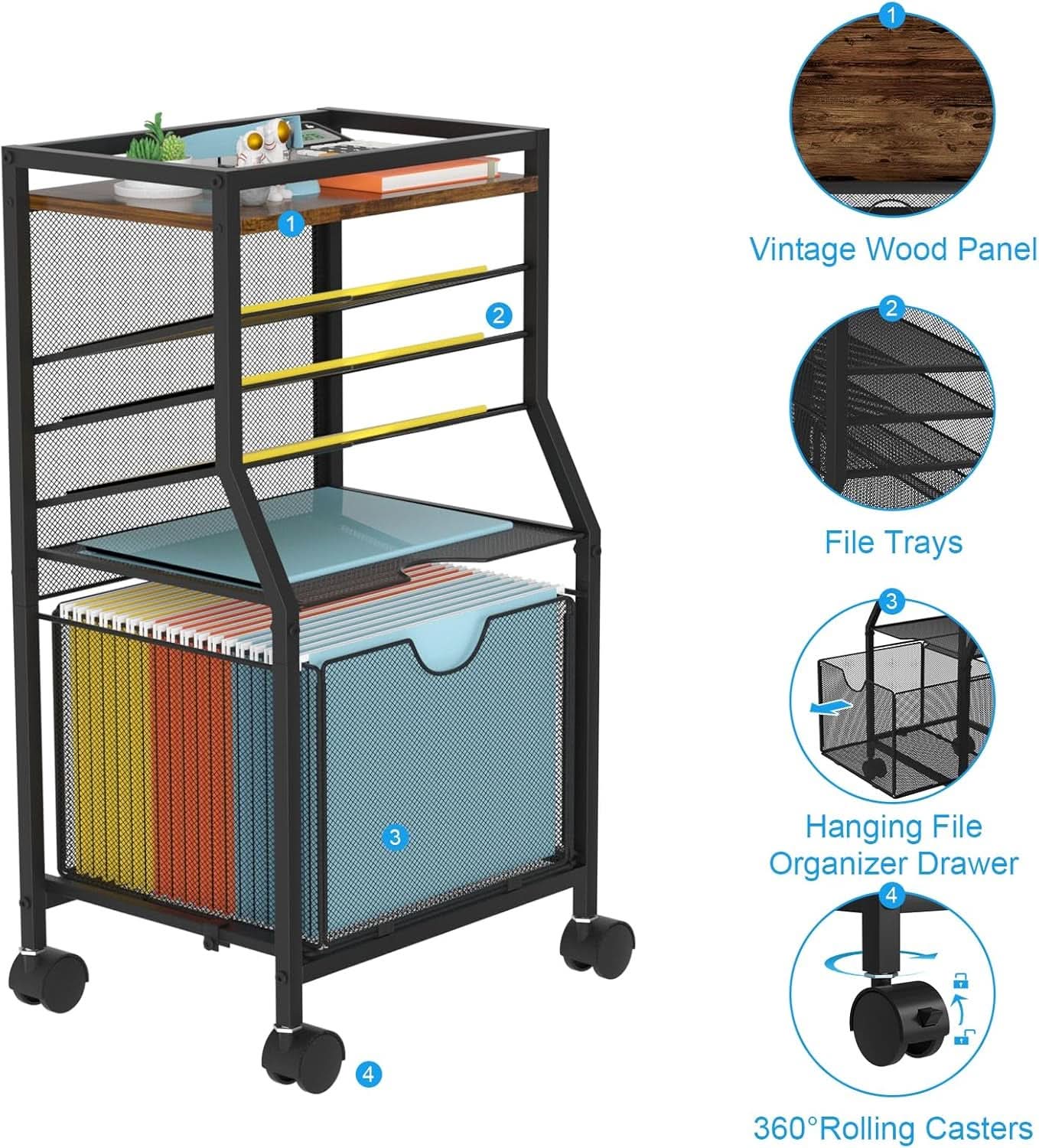 Brown Wood 6 Tier Rolling File Cart With Lockable Wheels