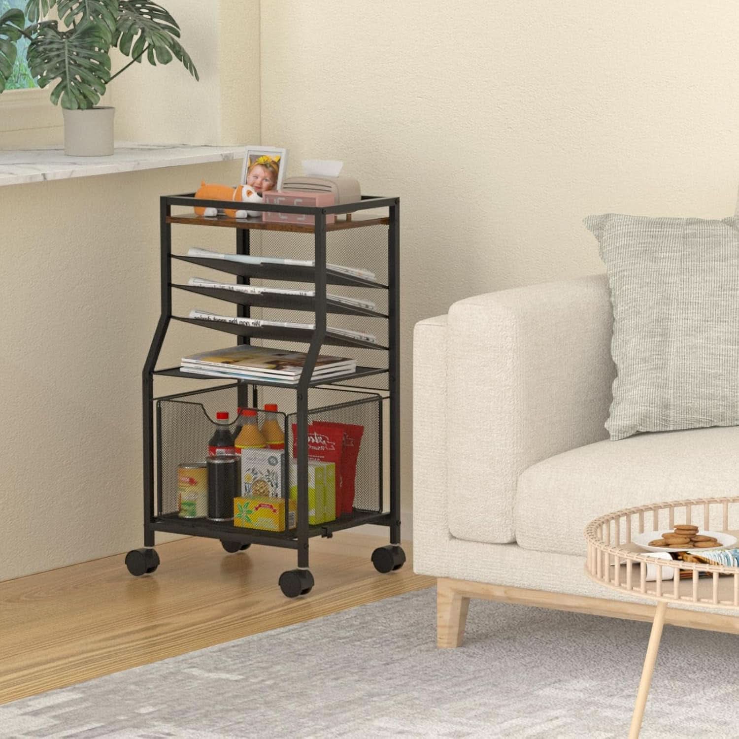 Brown Wood 6 Tier Rolling File Cart With Lockable Wheels