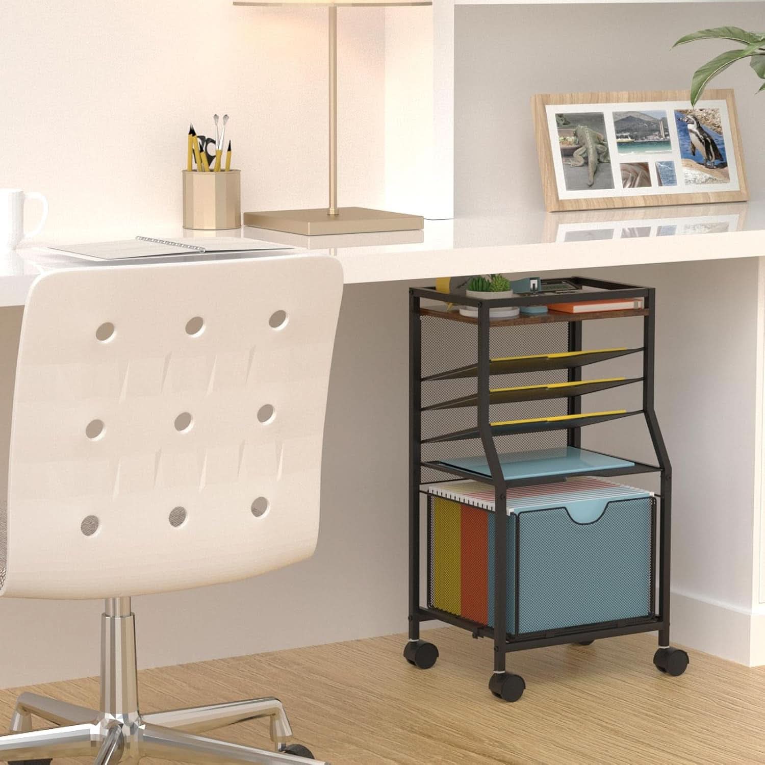 Brown Wood 6 Tier Rolling File Cart With Lockable Wheels