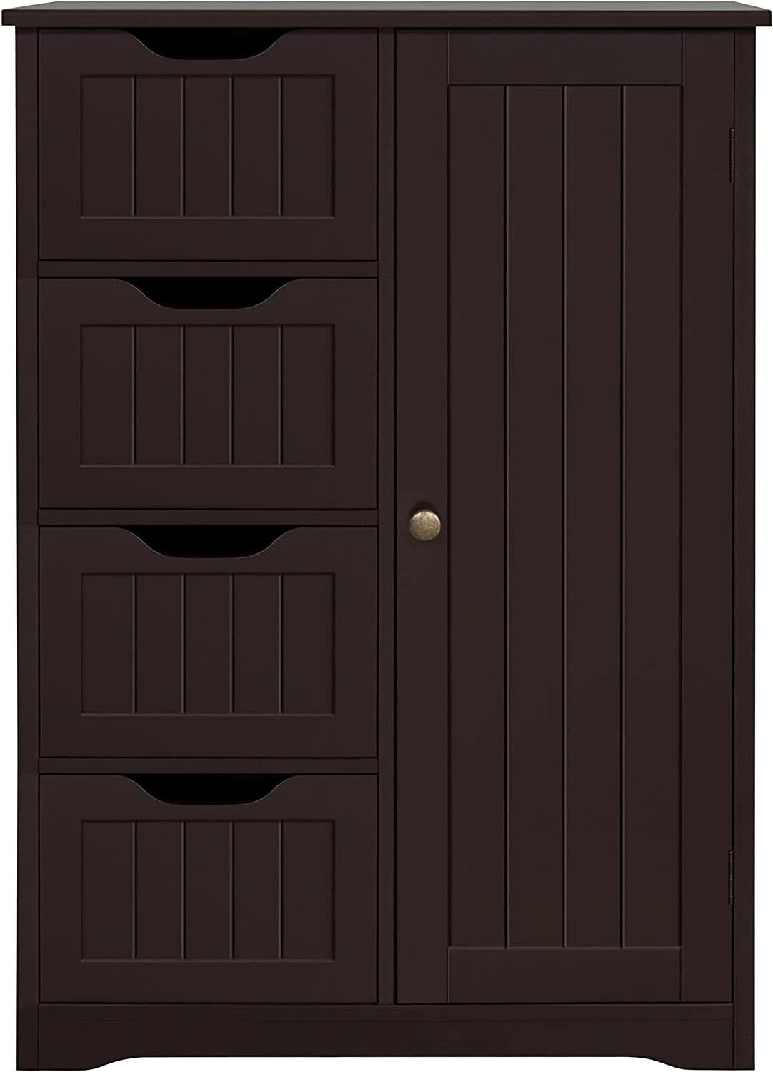 Brown Wooden Bathroom Floor Cabinet With 4 Drawers