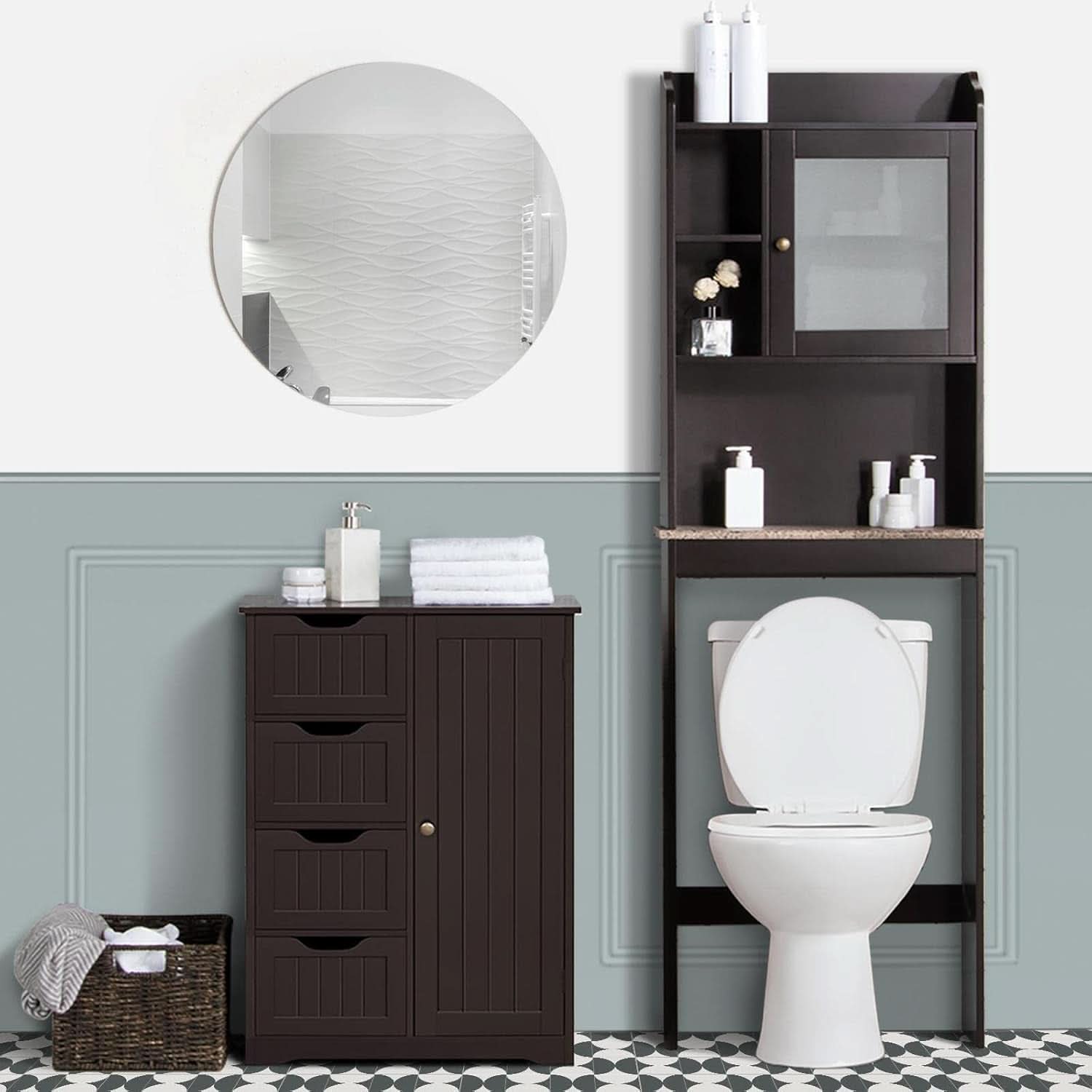 Brown Wooden Bathroom Floor Cabinet With 4 Drawers
