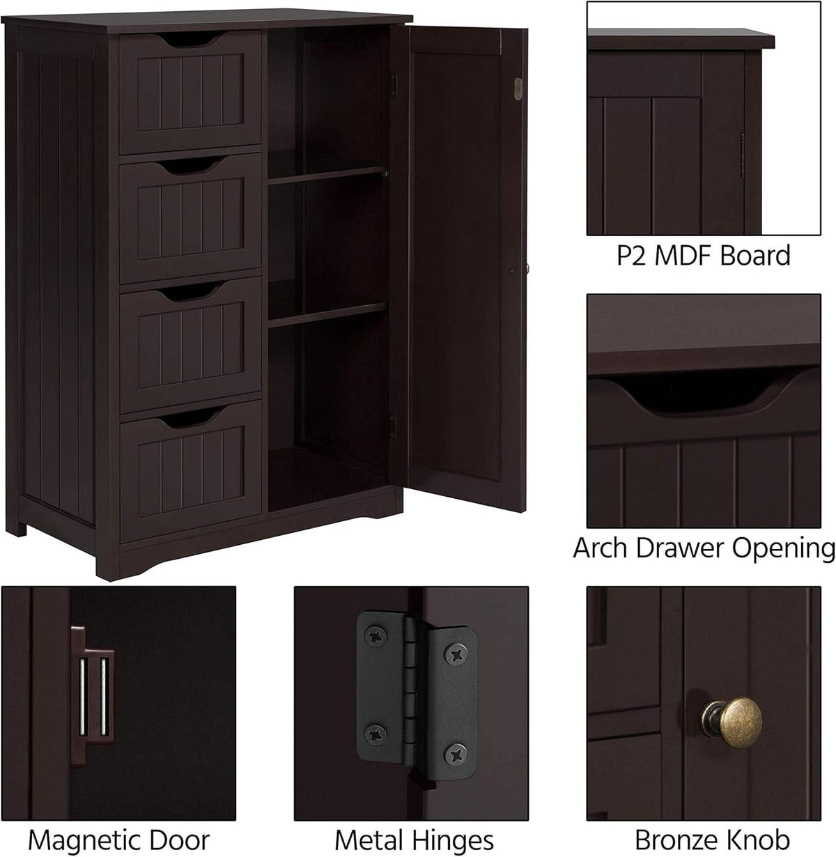 Brown Wooden Bathroom Floor Cabinet With 4 Drawers