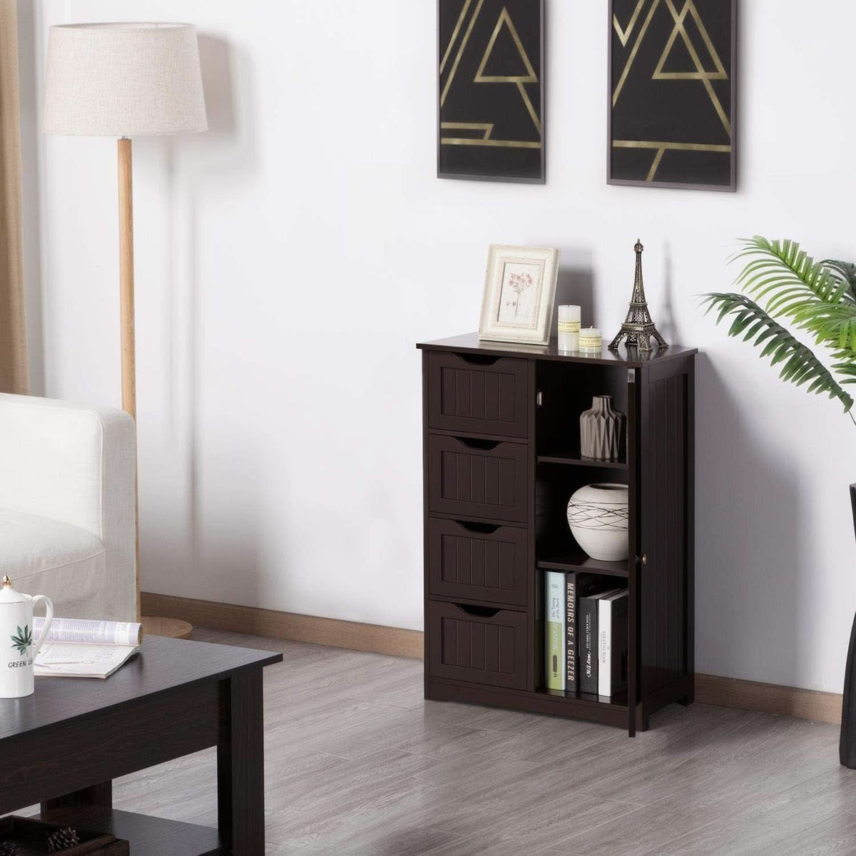Brown Wooden Bathroom Floor Cabinet With 4 Drawers