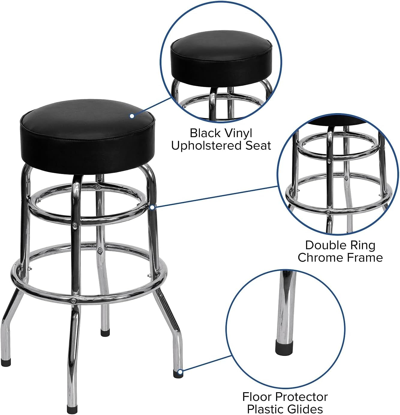 Bruno 2 Pack Bar Stool Chrome Double Ring Black Seat