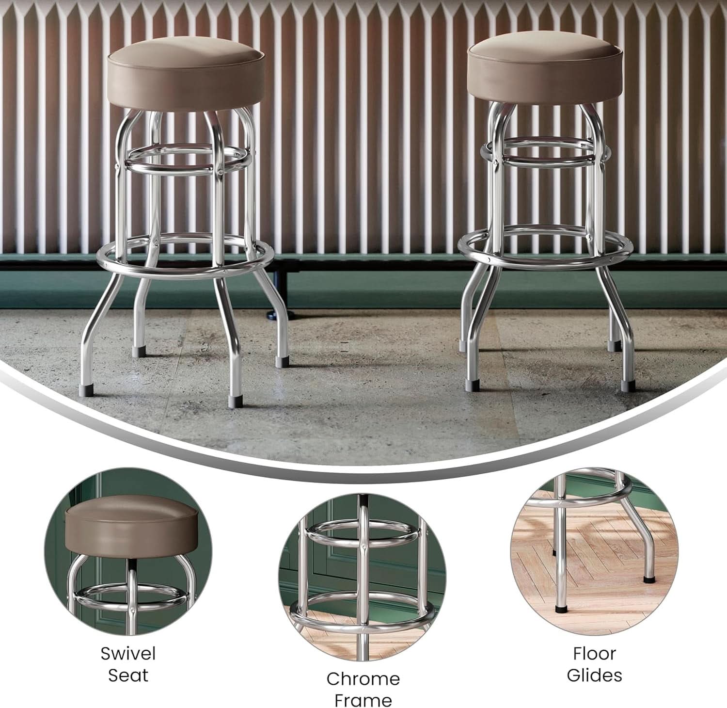 Bruno 2 Pack Chrome Bar Stools Beige Seats Swivel Set