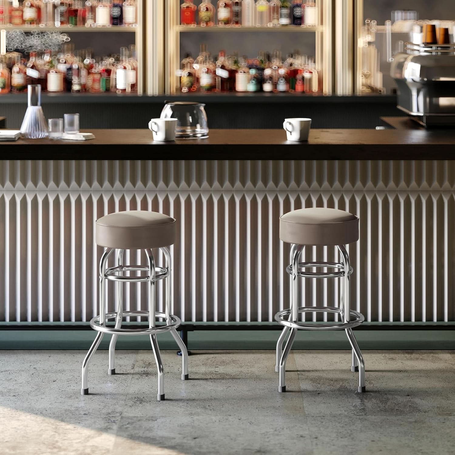 Bruno 2 Pack Chrome Bar Stools Beige Seats Swivel Set