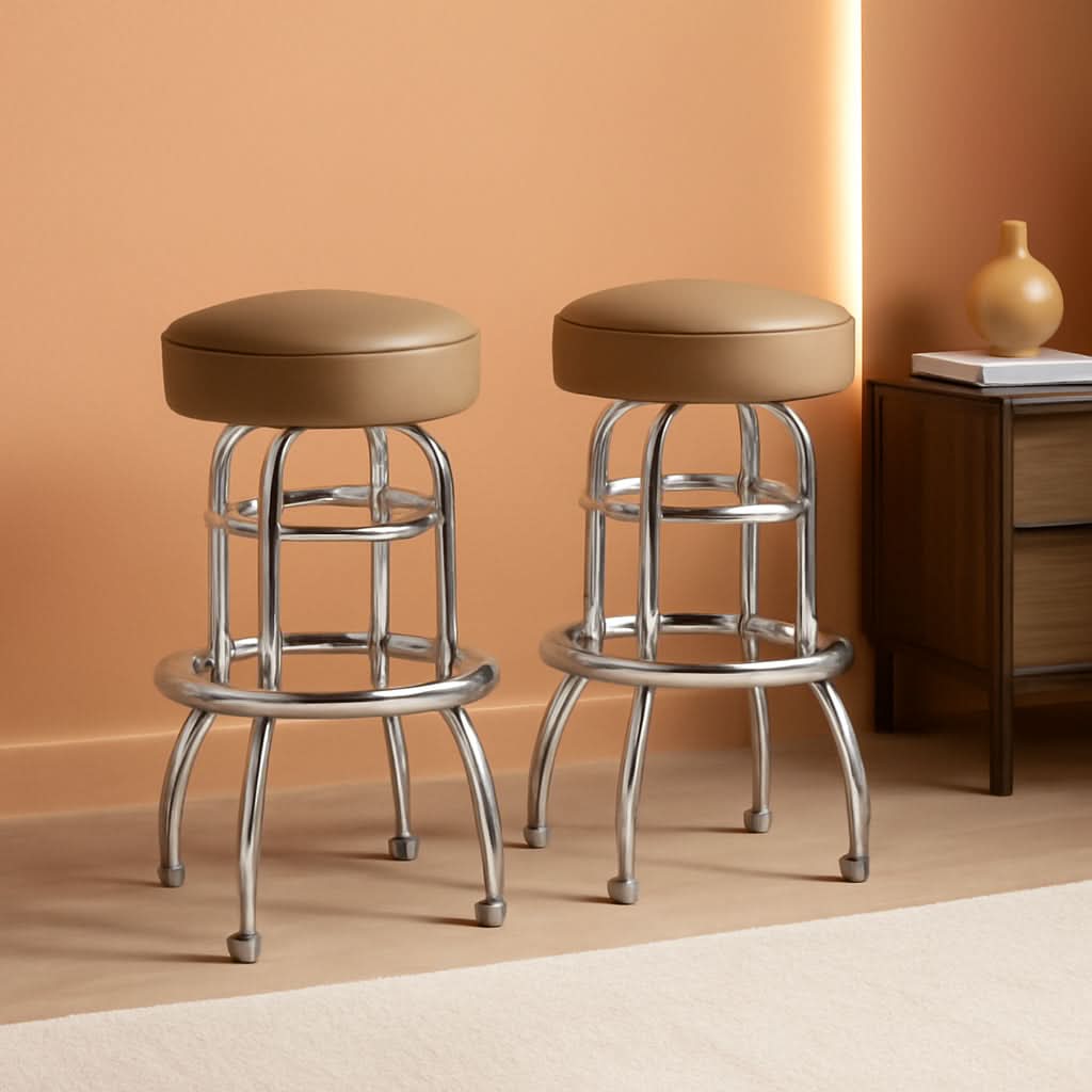 Bruno 2 Pack Chrome Bar Stools Beige Seats Swivel Set