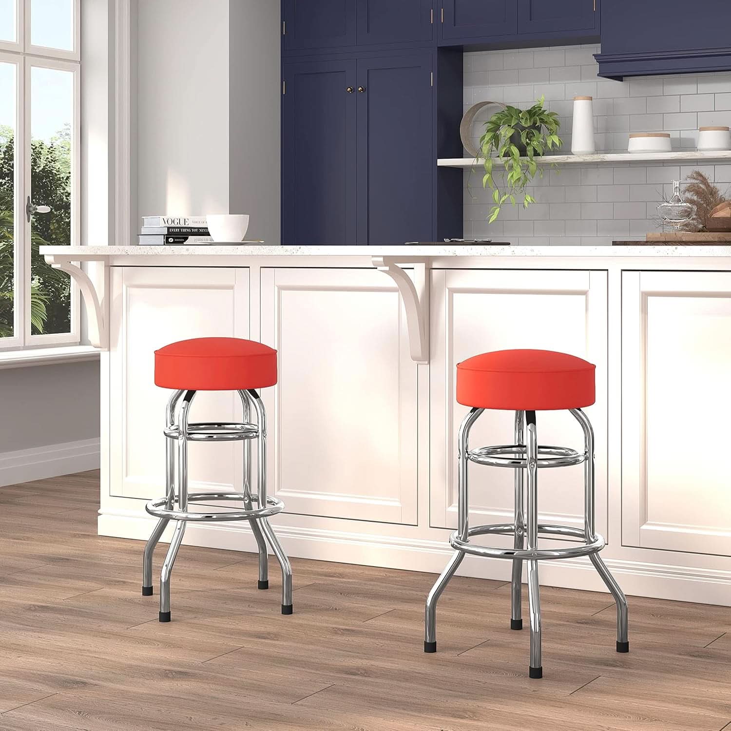 Bruno 2 Pack Chrome Barstool With Red Seat Double Ring