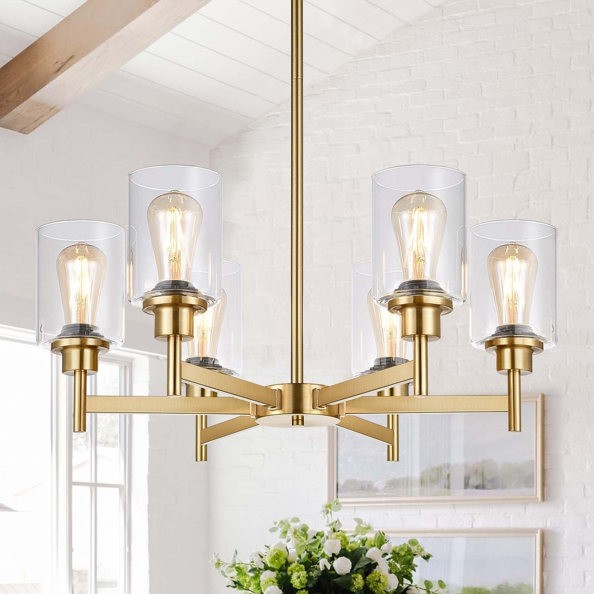 Brushed Gold Six Light Farmhouse Crystal Chandelier