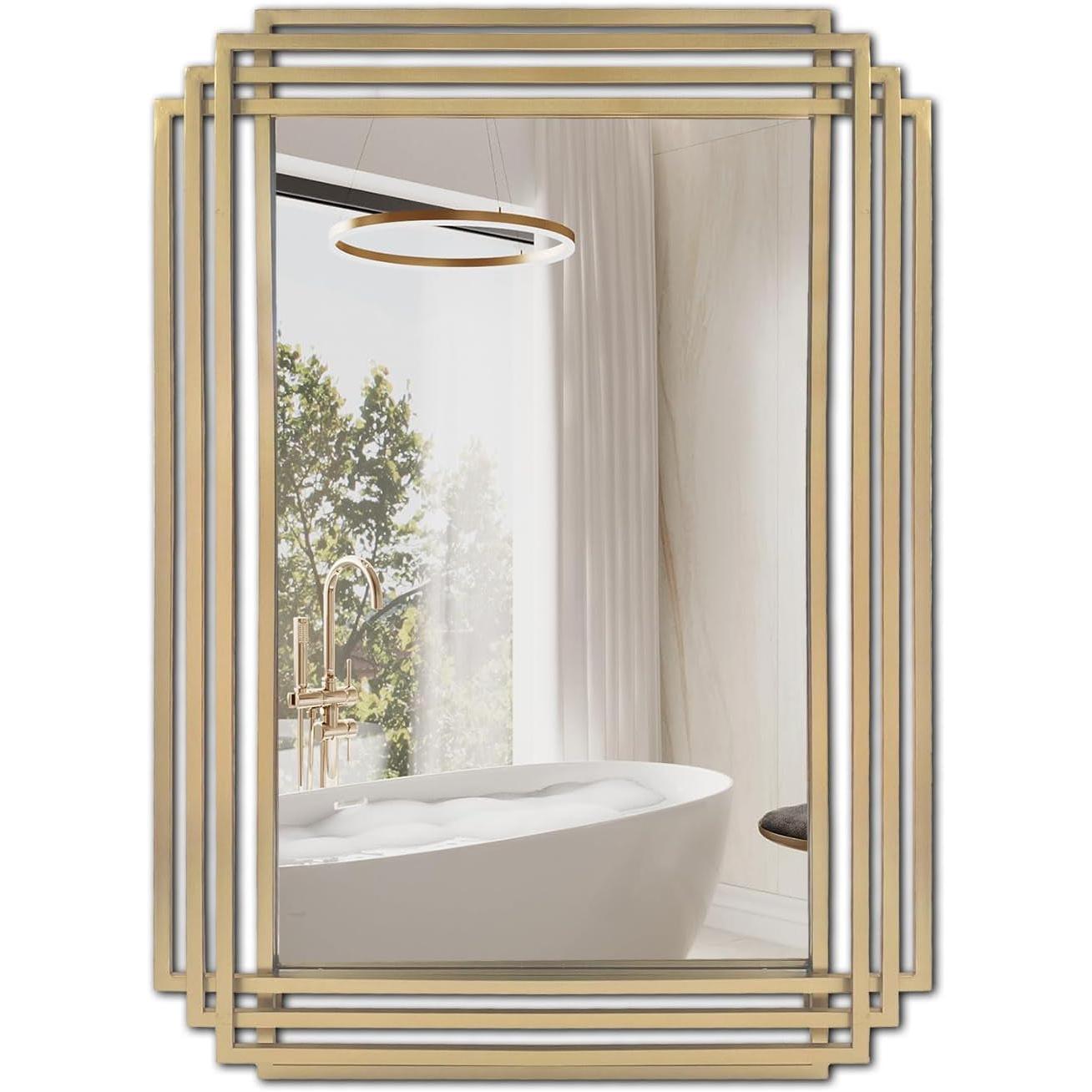 Brushed Gold Wall Mirror 24x36 Modern Rectangle Vanity Bath