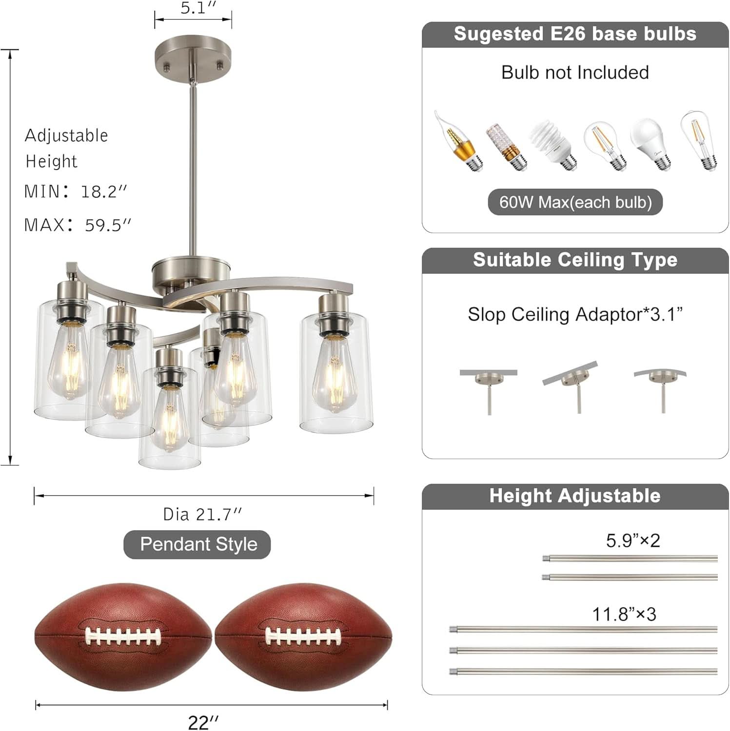 Brushed Nickel 6 Light Farmhouse Chandelier Pendant