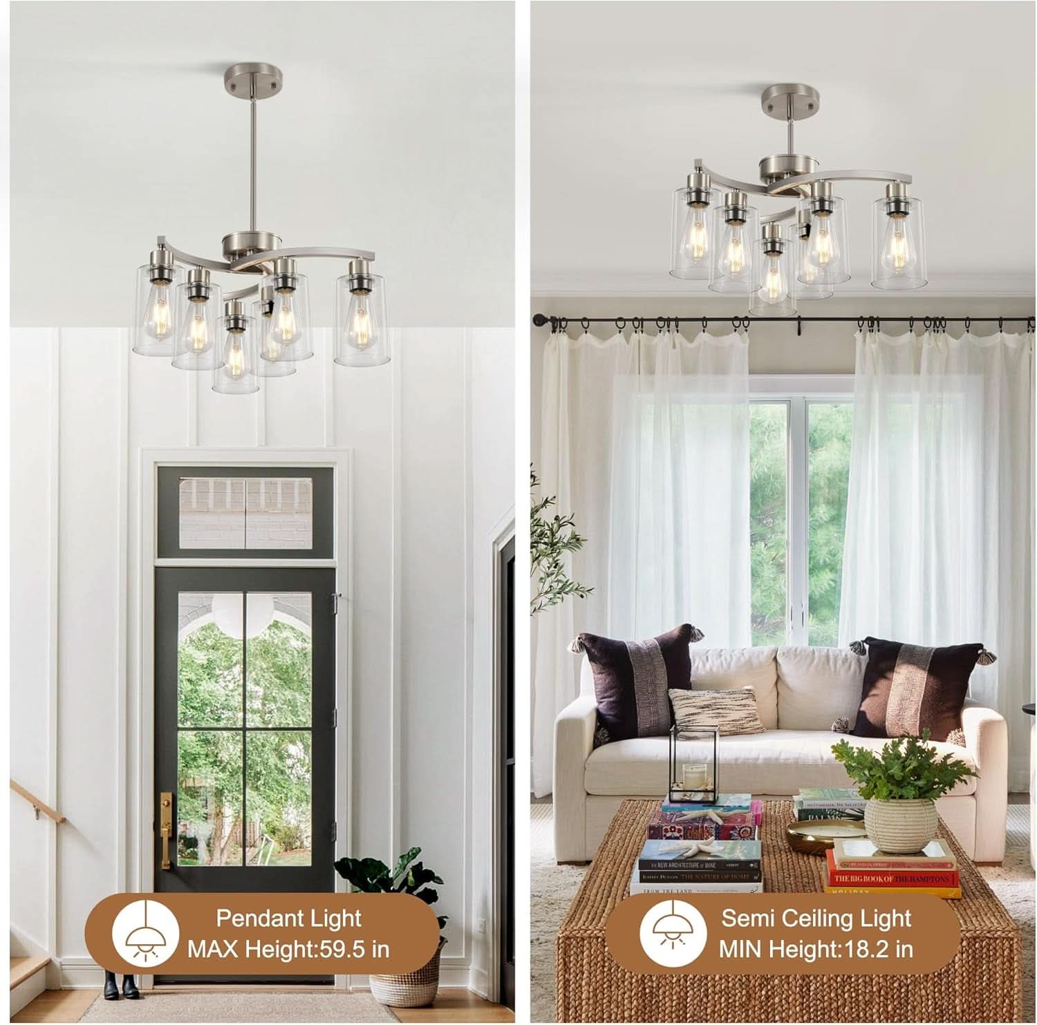 Brushed Nickel 6 Light Farmhouse Chandelier Pendant